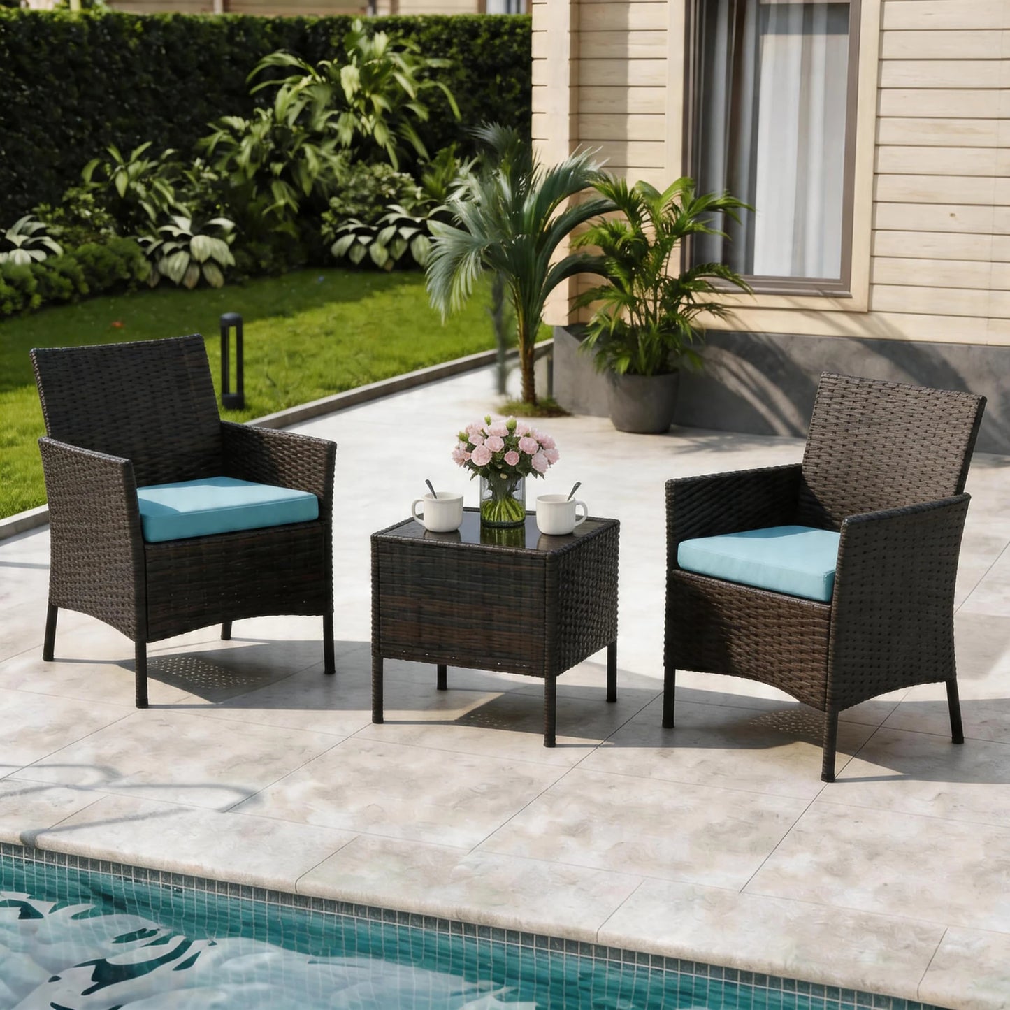 3-Piece Patio Furniture Set, PE Rattan Wicker Chairs With Cushions & Glass Table For Balcony Porch Poolside Garden Backyard