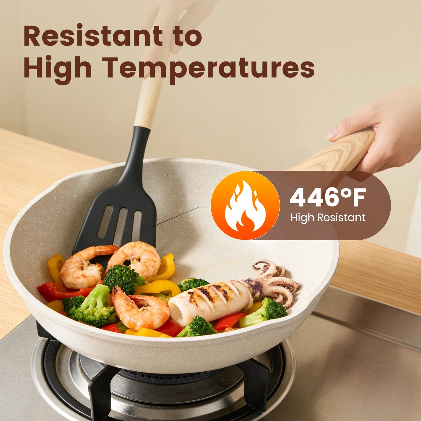 Silicone Kitchen Utensil Set With Wooden Handles Nonstick Food Grade