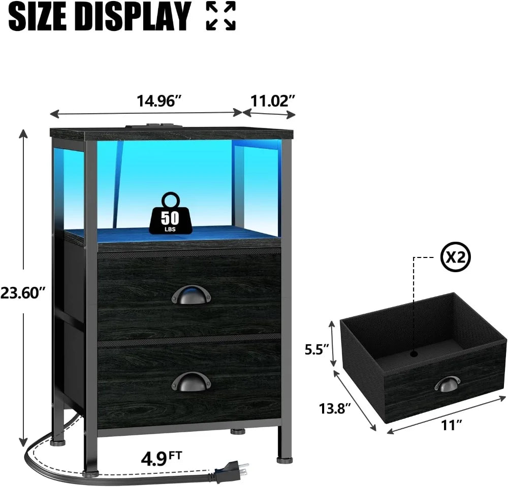 Nightstands Set Of 2 With Charging Station And LED Lights
