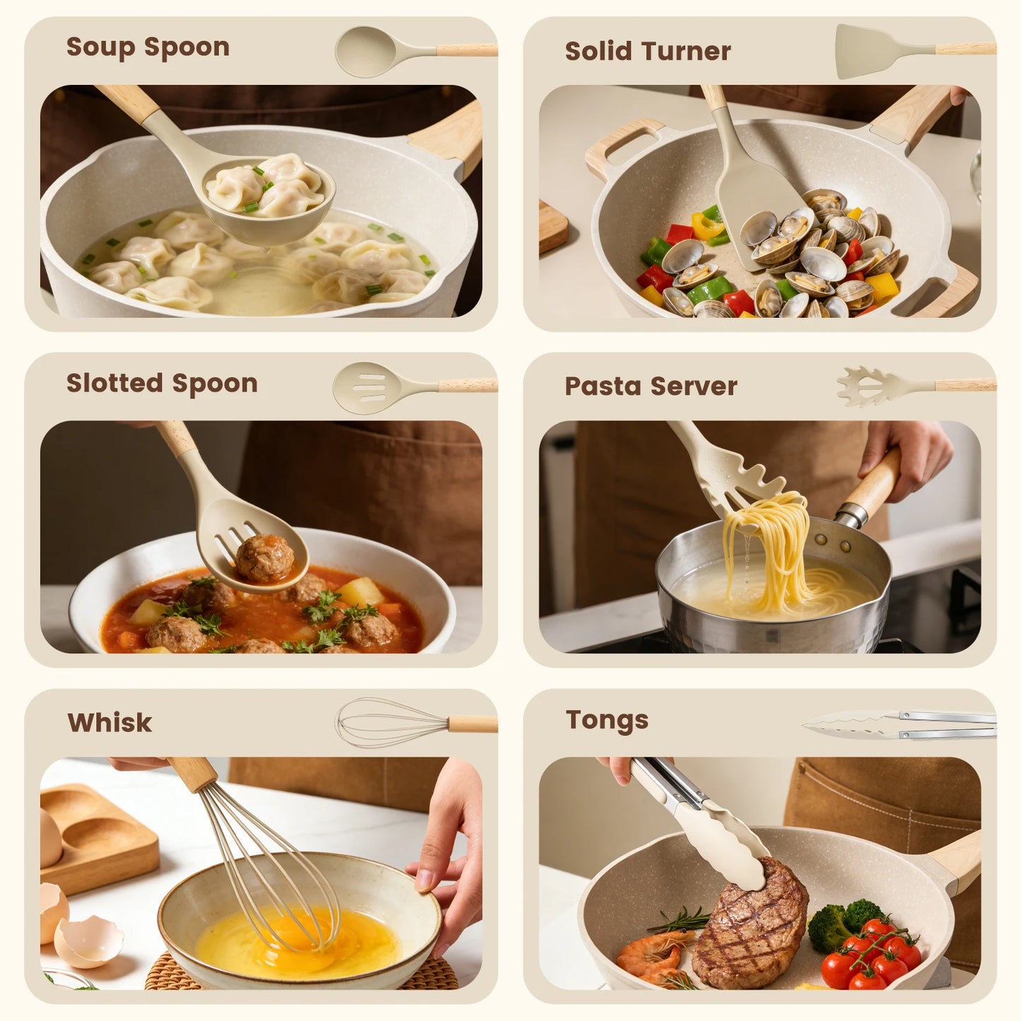 Silicone Kitchen Utensil Set With Wooden Handles Nonstick Food Grade