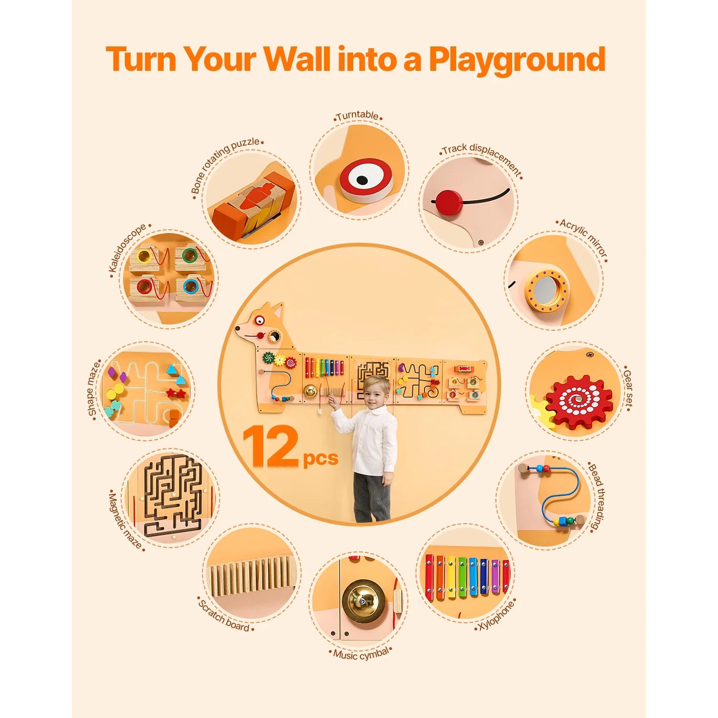 SucceBuy Puppy Kids Wall Busy Panels 12 Activities Montessori Sensory Board