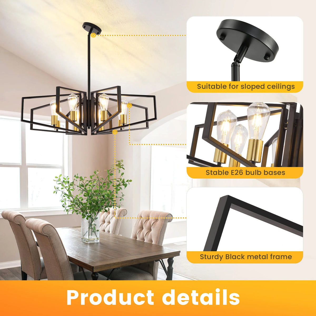 Modern 8 Light Geometric Chandelier With Adjustable Height Metal Pendant