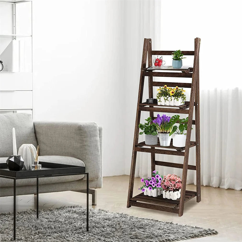 Wooden Folding Four Tier Ladder Shelf Display Rack