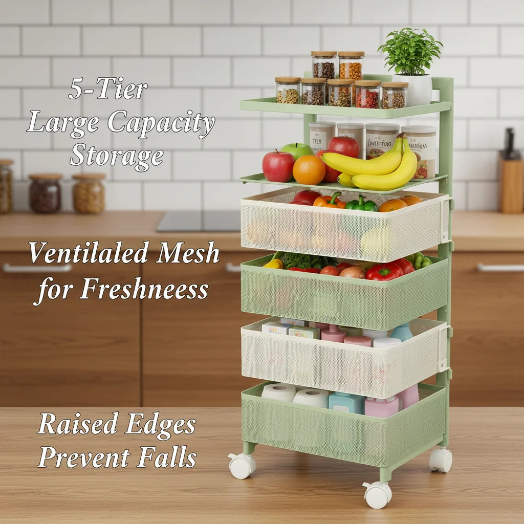 Bymaocar 5-Tier Rotating Kitchen Rack With 360° Swivel Lockable Wheels