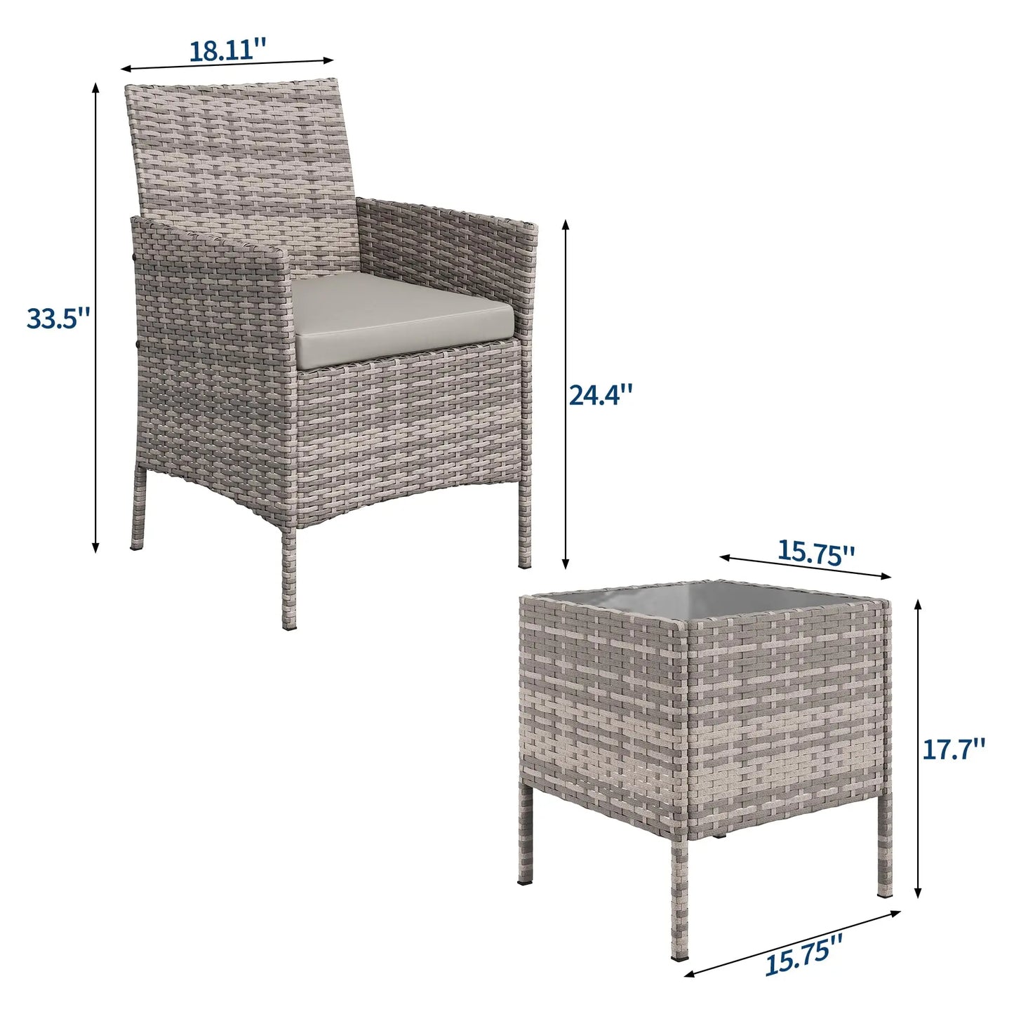 3-Piece Patio Furniture Set, PE Rattan Wicker Chairs With Cushions & Glass Table For Balcony Porch Poolside Garden Backyard