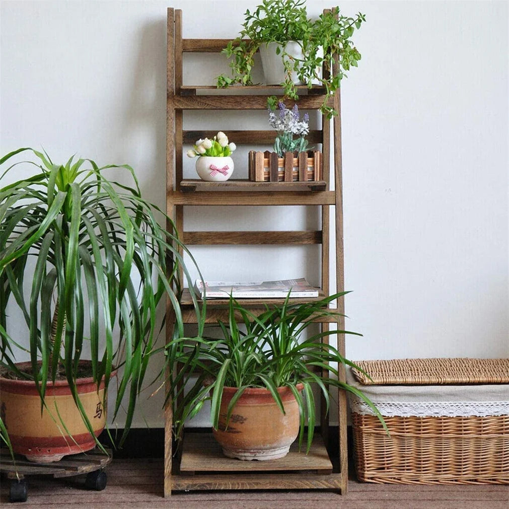 Wooden Folding Four Tier Ladder Shelf Display Rack