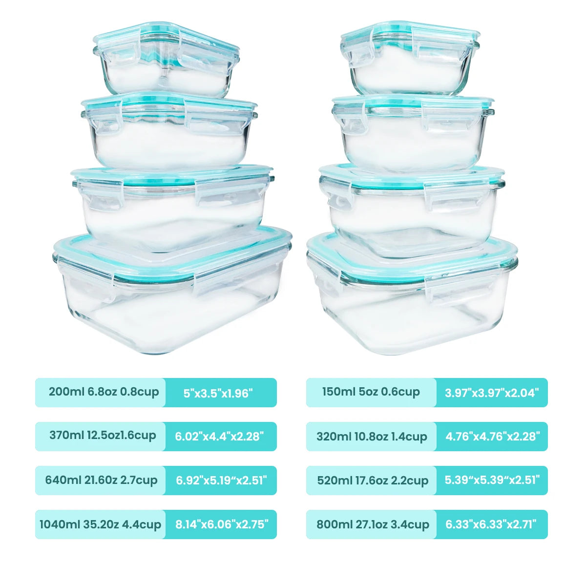 Glass Food Storage Containers 8 Piece Leakproof Airtight Microwave Safe