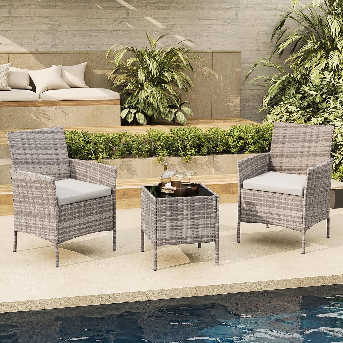 3-Piece Patio Furniture Set, PE Rattan Wicker Chairs With Cushions & Glass Table For Balcony Porch Poolside Garden Backyard