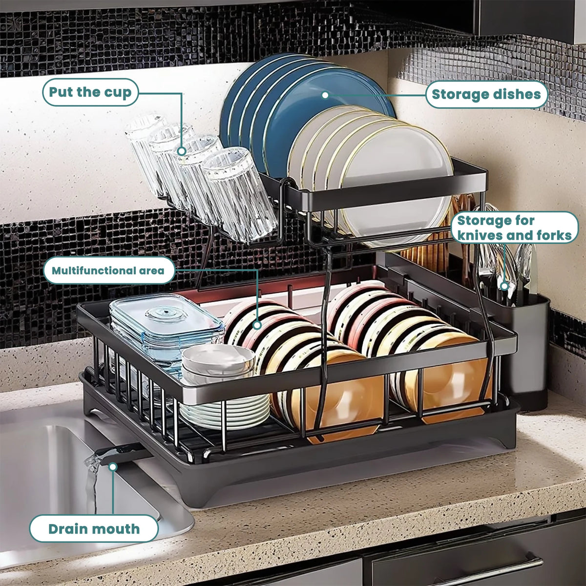 Two-Tier Dish Drying Rack For Kitchen Countertop, Removable