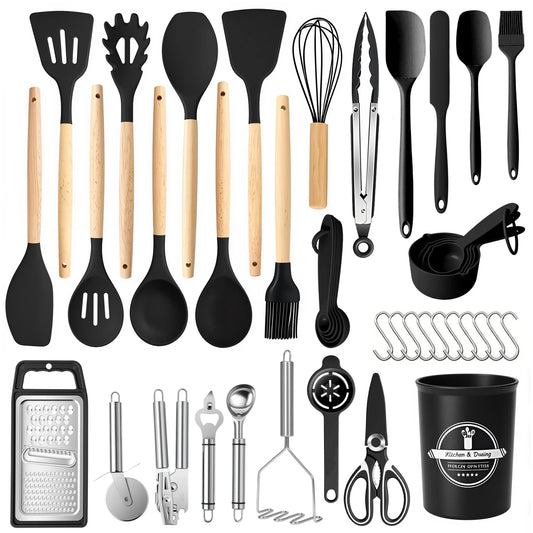Silicone Wooden Handle 44 Piece Nonstick Kitchen Utensil Set